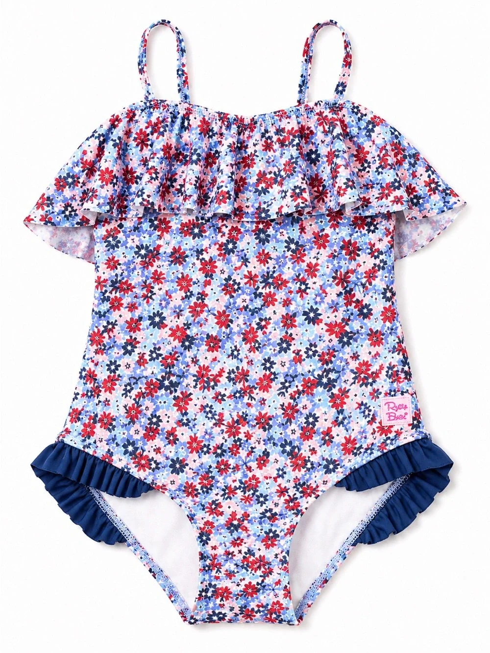 Ruffle Butts Girls Floral Ruffle One-Piece Swimsuit - Blue/Red